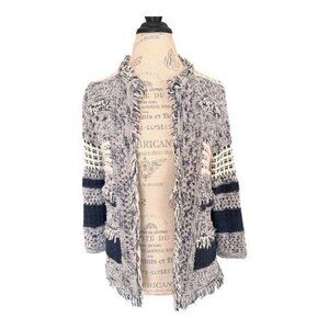 Chico's knit woven cardigan sweater - fringe, open front, long sleeve size 1/M
